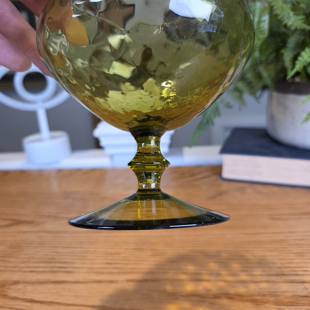 Vintage Indiana Glass Olive Green Thumbprint Pedestal Bowl MCM Candy Dish 6" - Picture 7 of 9